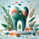 Omega-3: Helle, moderne Bildkomposition mit stilisierten Omega-3-Quellen wie Fischsilhouetten, Leinsamen, Walnüssen und einer Algenöl-Kapsel neben einem symbolischen Zahn und angedeutetem gesundem Zahnfleisch, das die positiven Auswirkungen von Omega-3-Fettsäuren auf die Mundgesundheit darstellt.